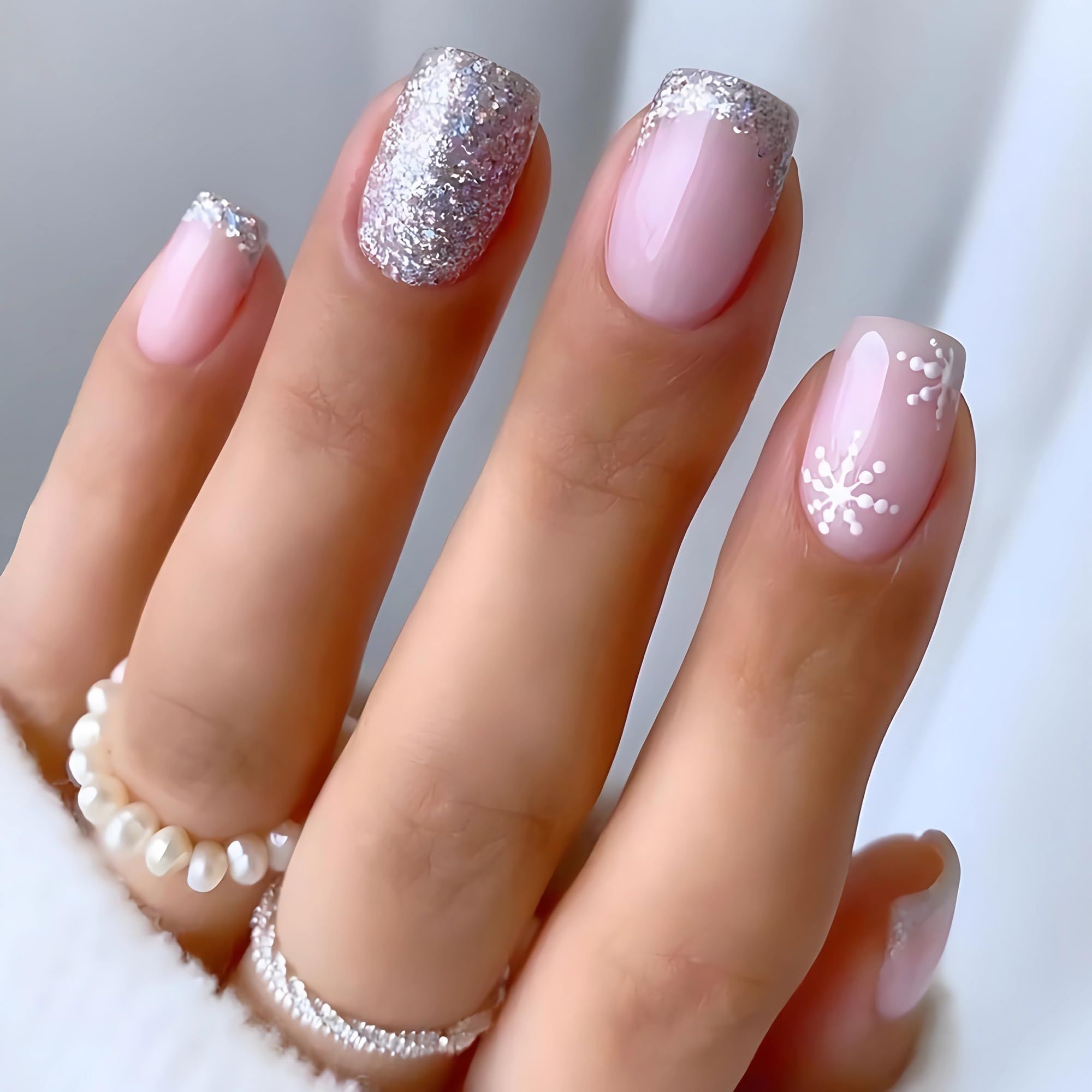 French tip nails with thin silver glitter lines