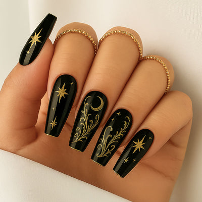 Glossy black long nails with gold star and swirl stamping art