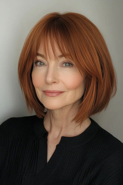 Copper colored bob with soft fringe on an older woman