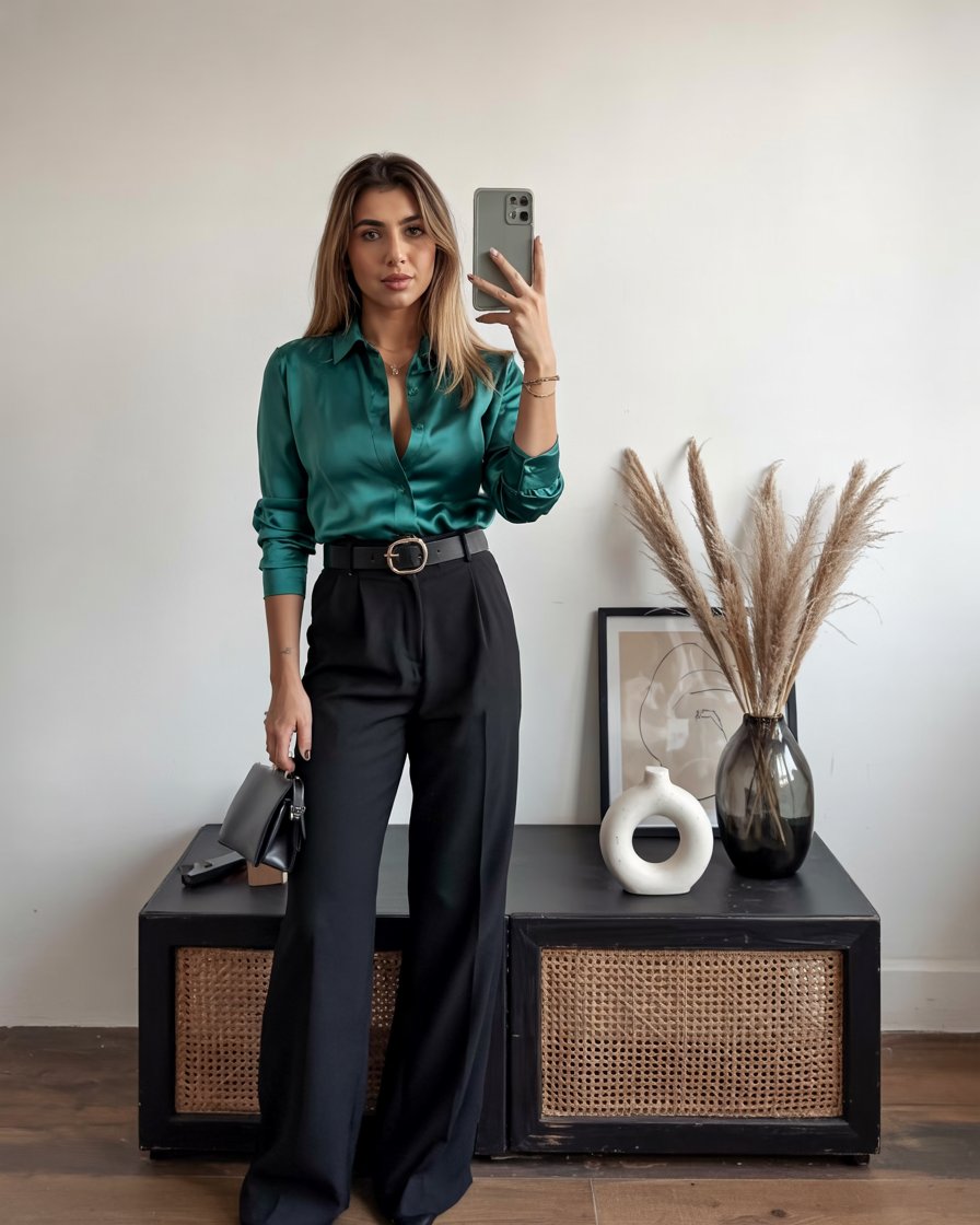 Woman wearing an emerald green blouse with black trousers, evening outfit