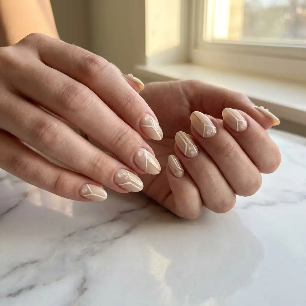 Nude almond nails with white chevron line art and fine gold accents