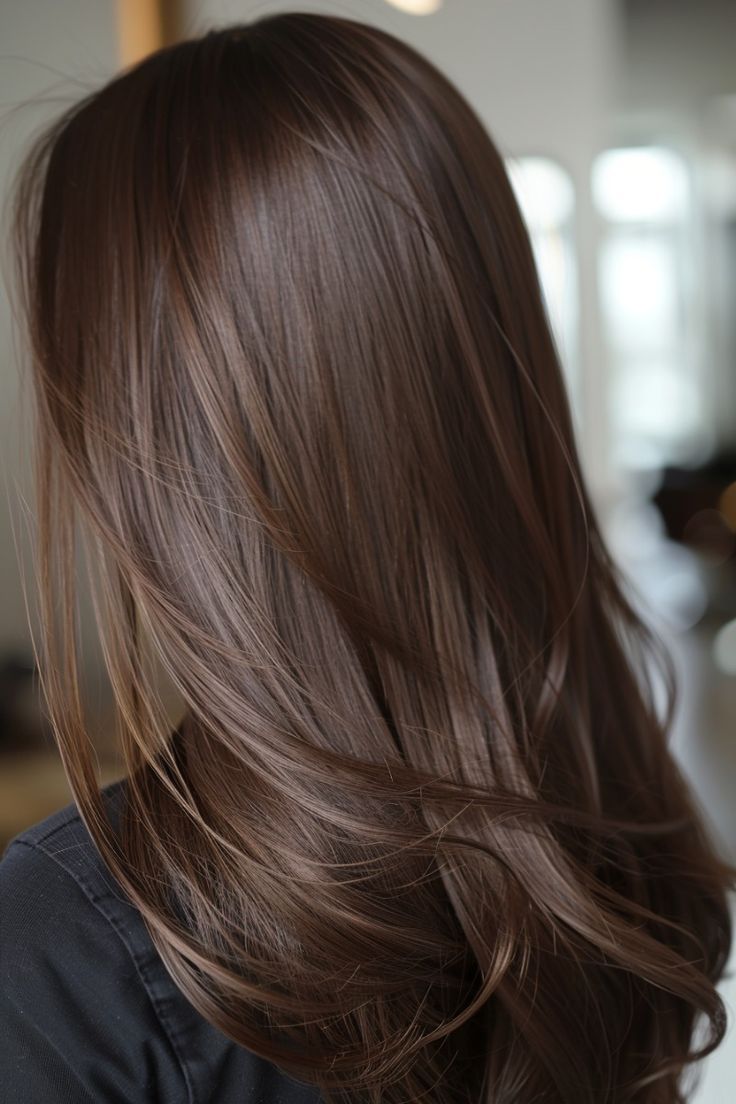 Back view of glossy dark chocolate brown long layered hair