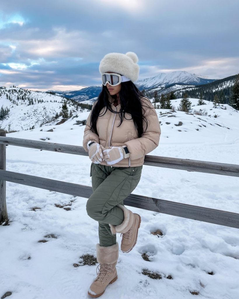 Woman in a beige puffer and olive quilted ski pants with fur-trim snow boots in the mountains