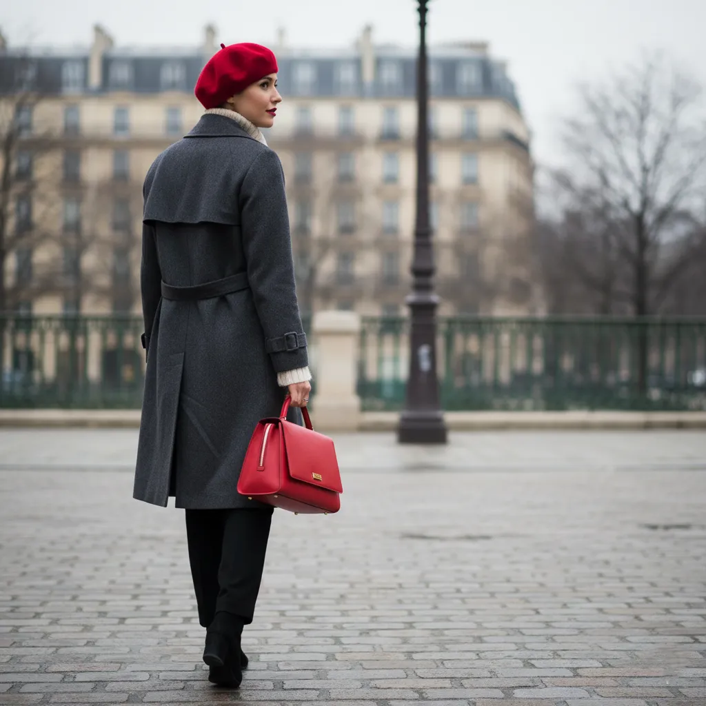 Red beret with a winter coat, Parisian style