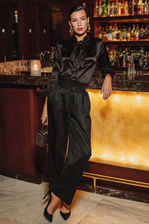 Woman in tailored black trousers with a fitted champagne satin blouse, pointed heels and a mini handbag