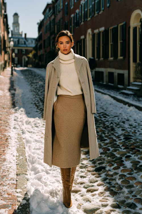 Woman on a snowy cobblestone street wearing a cream cashmere turtleneck, tan knit midi skirt, tan boots and a long beige coat
