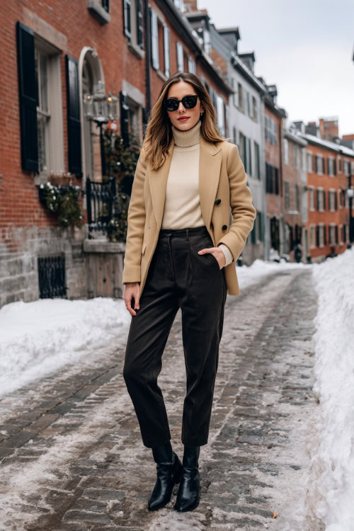 Woman on a snowy street wearing a tailored camel wool jacket over a cream cashmere turtleneck with dark straight-leg trousers and black leather boots