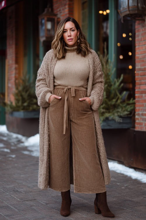 A woman wearing a tonal tan outfit with a longline cardigan, knit turtleneck and wide-leg trousers