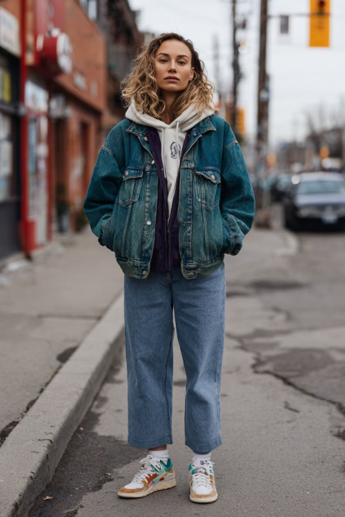 Woman wearing a vintage denim jacket layered over a hoodie with jeans