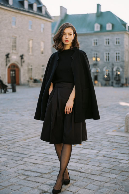 Woman in an elegant black hooded cape coat with a midi skirt, sheer tights and leather pumps