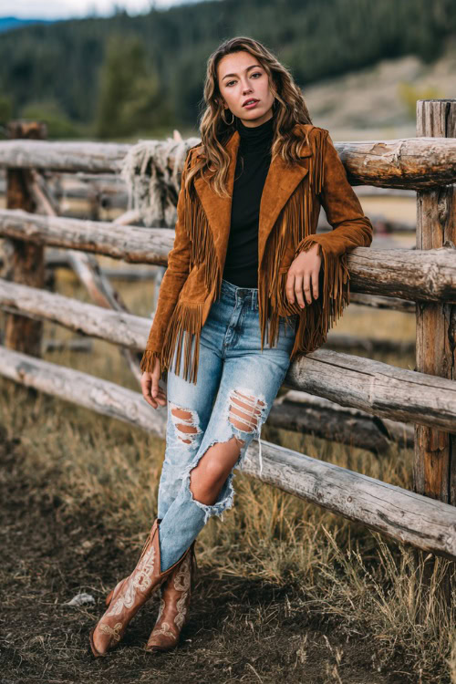 Woman in a brown suede fringe jacket over a black turtleneck with ripped jeans and cowboy boots leaning on a wooden fence