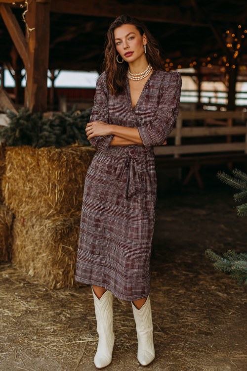Woman in cream cowboy boots with a burgundy plaid wrap midi dress and pearl necklaces