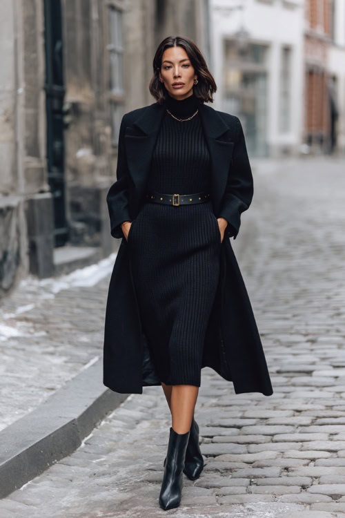 Woman in a black ribbed knit dress with a leather belt, black cashmere coat and black pointed-toe ankle boots