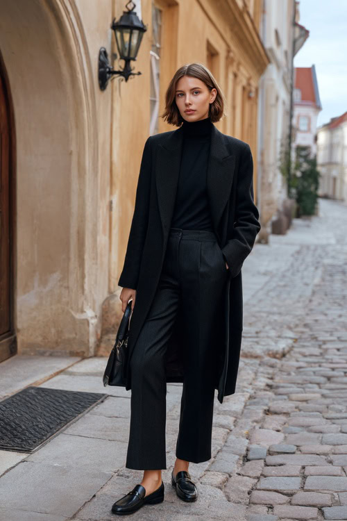 Woman wearing a black tailored wool coat over a black cashmere turtleneck and straight-leg trousers