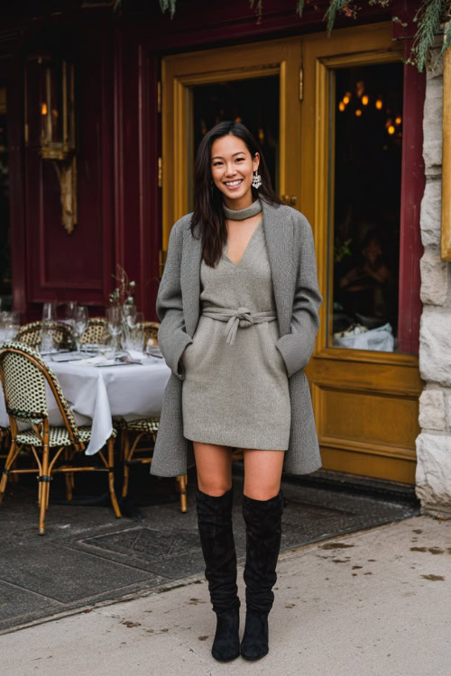 Sweater dress cinched at the waist with knee-high boots