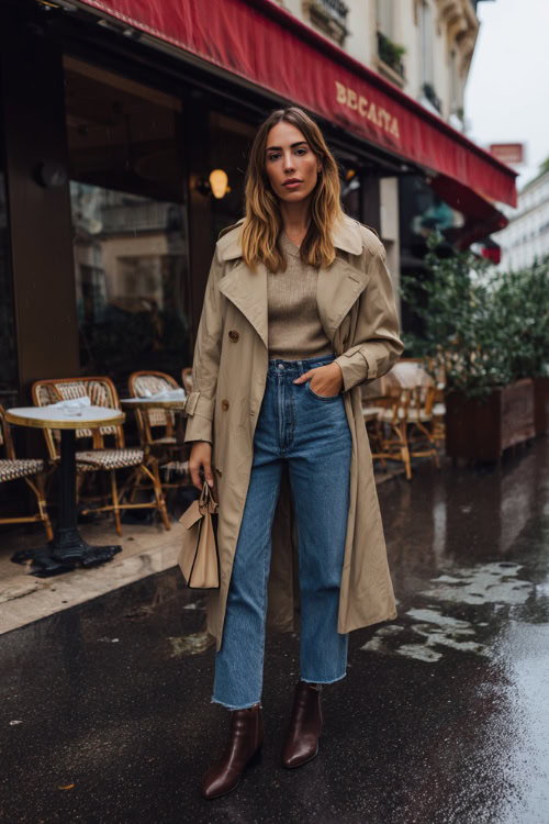 Woman in a lightweight trench coat layered over a knit top with straight-leg jeans, ankle boots and a structured handbag