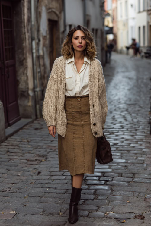Vintage cardigan with midi skirt and ankle boots