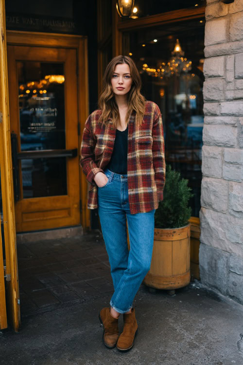 Woman wearing a plaid shacket with jeans and suede ankle boots near a cafe