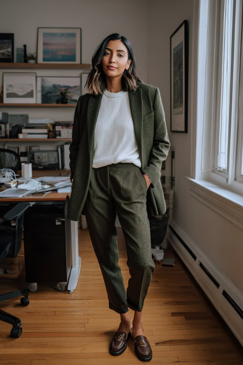 Woman in an office wearing a dark green wool blazer, white ribbed top, olive tapered trousers and brown loafers