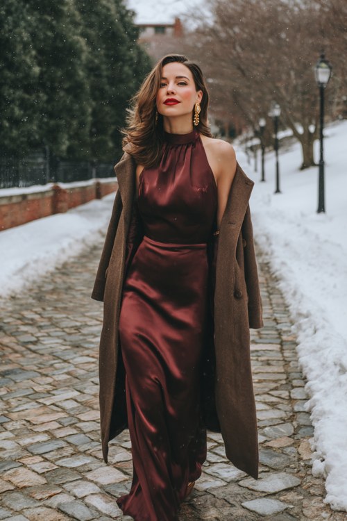 Woman wearing a burgundy satin halter gown with a long brown wool coat walking on a snowy cobblestone street