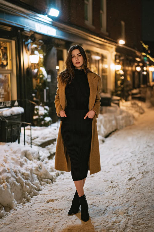Woman in a camel long coat over a black ribbed knit midi dress with black heeled ankle boots on a snowy street