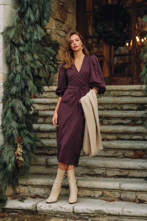 Woman wearing a flowing dress with a shawl and boots for a winter event