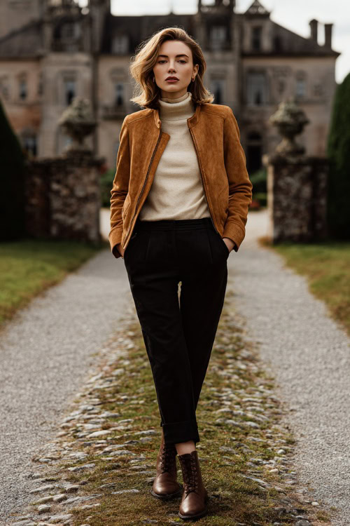 Woman in a tan suede jacket with a cream turtleneck, tailored black pants and brown leather boots