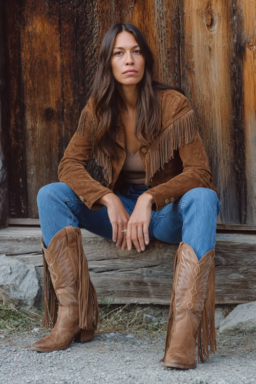 Woman in a fringe suede jacket, straight-leg jeans and tall cowboy boots at a country concert