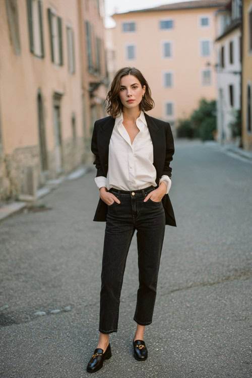 Casual Friday Staple: A Black Blazer with Dark Jeans, a White Tee, and Loafers