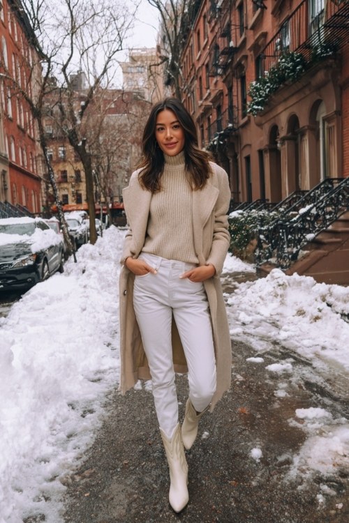 Woman wearing a beige wool coat over a cream turtleneck with white skinny jeans and white cowboy boots in the snow