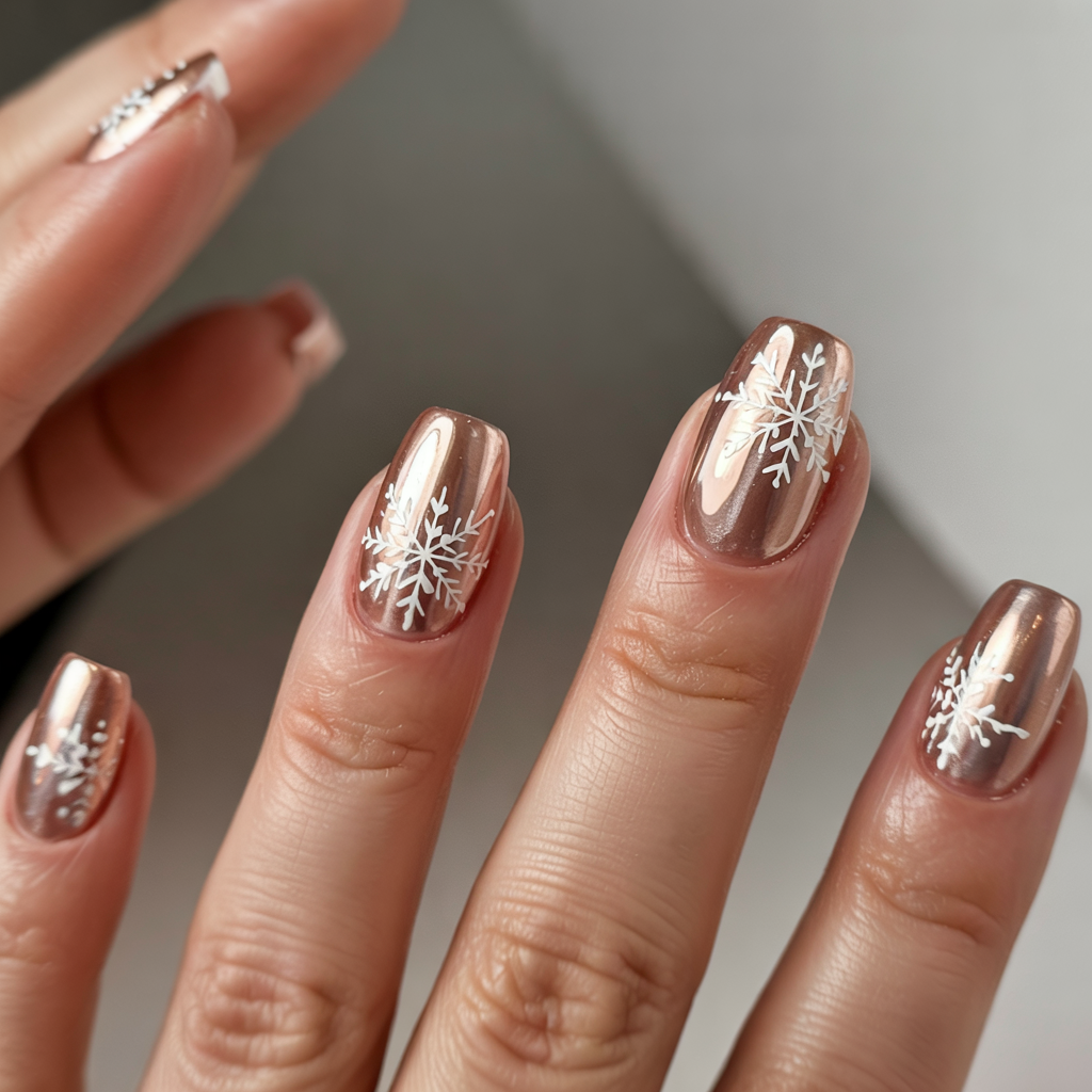 Copper chrome square nails with white snowflake art