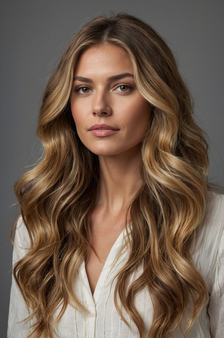 Woman with sun-kissed blonde balayage hair and bright face-framing highlights