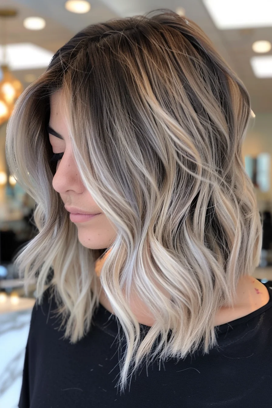 Wavy bob with ash blonde pearl balayage