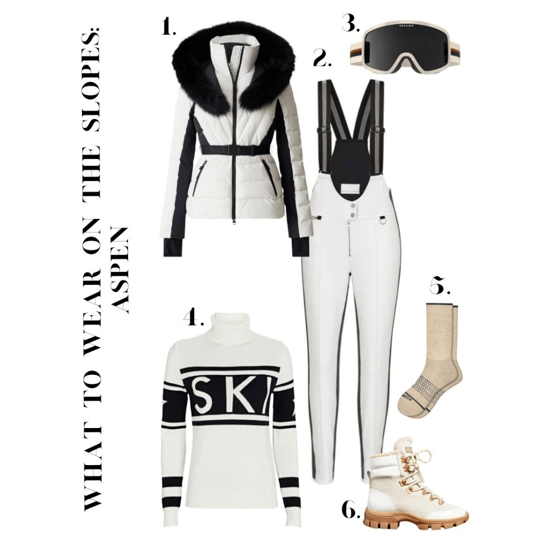 Flat lay of a ski outfit: white puffer jacket with black fur hood, white bib ski pants, white SKI intarsia sweater, snow boots, goggles and socks