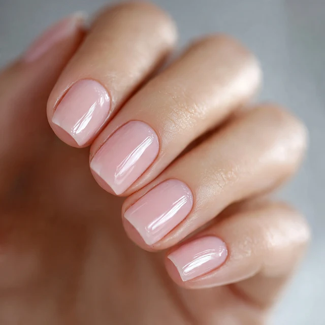 Short squoval nails in a sheer milky blush-pink jelly with a glassy glossy finish; real photography.