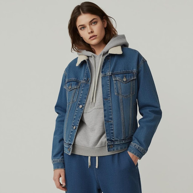Woman wearing a denim trucker jacket over a grey hoodie with dark denim