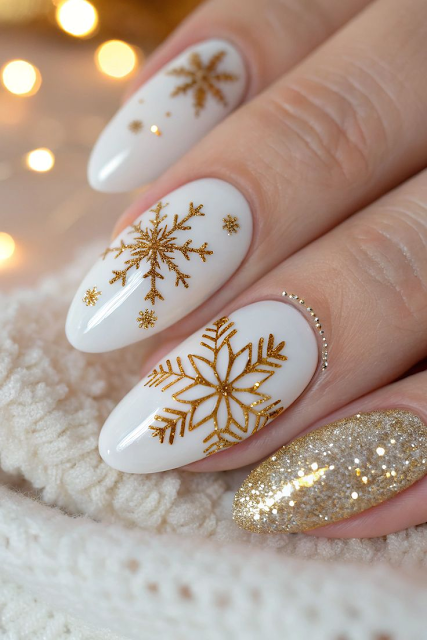 Elegant gold snowflake nail art