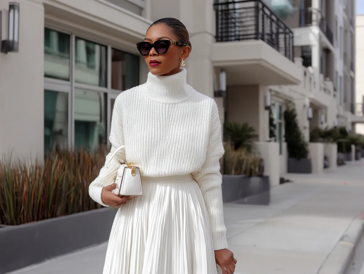 Woman in a white chunky turtleneck sweater with a white pleated midi skirt, white bag and sunglasses