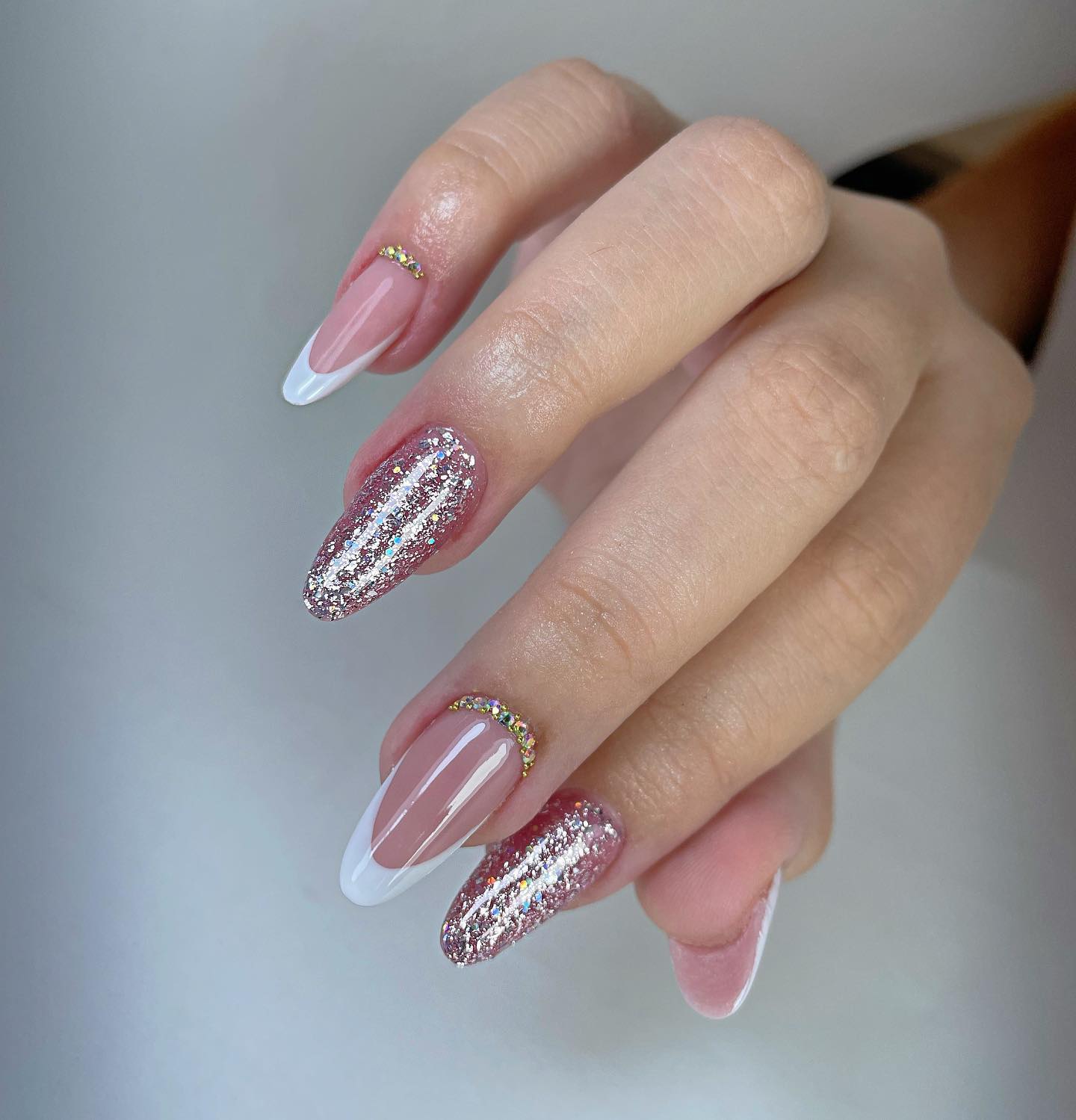 White french with crystal cuticle beads
