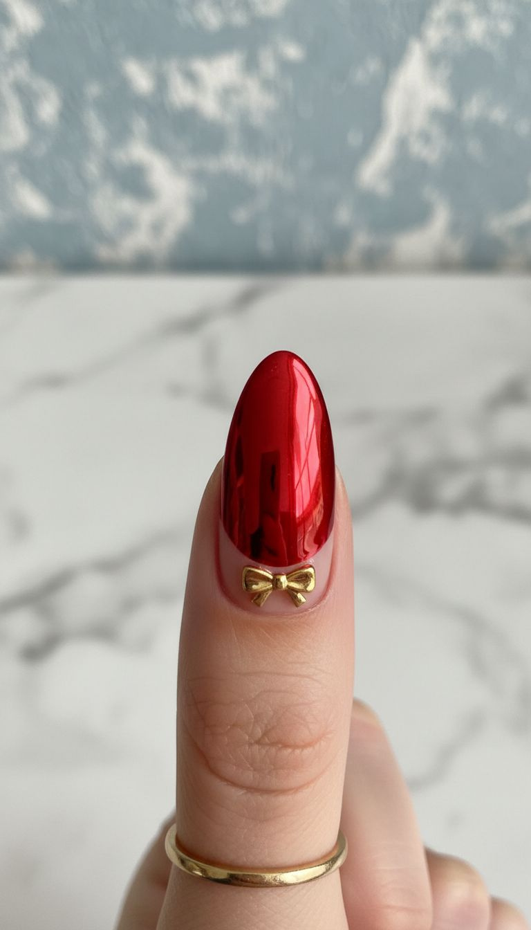 Close-up of a mirrored red chrome nail with a small gold bow charm near the cuticle
