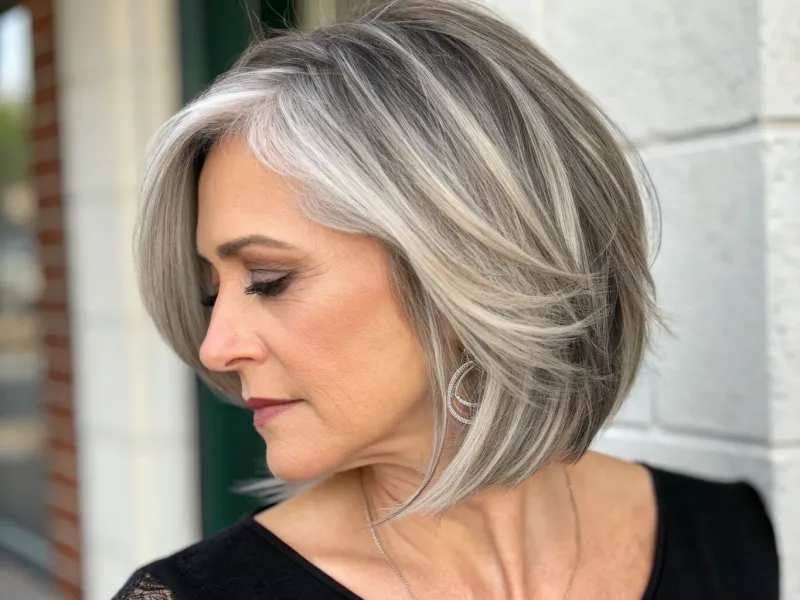 Older woman with an angled silver bob with darker shadow roots
