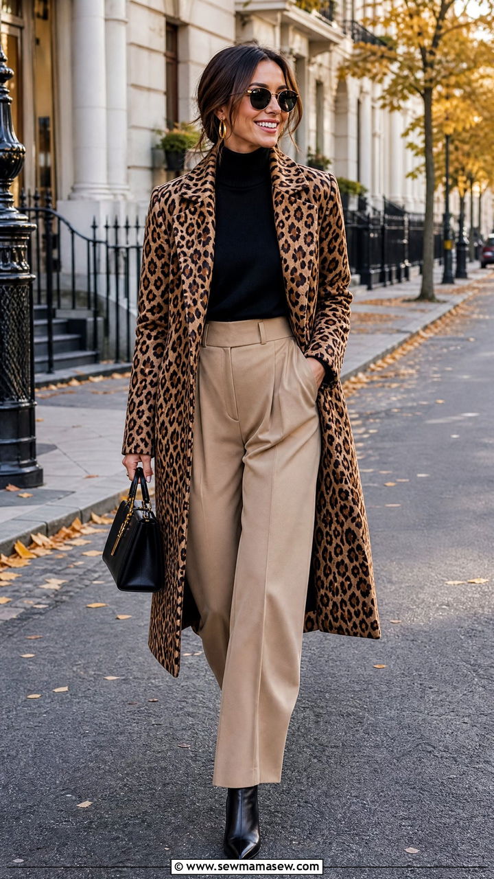 Animal print coat worn over a neutral turtleneck outfit