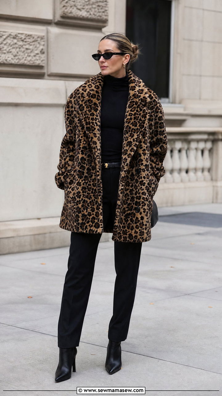 Animal print coat worn over an all-black outfit