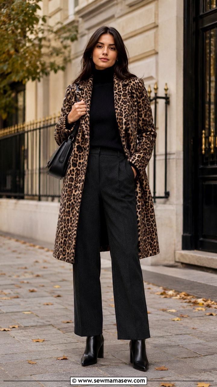 Animal print coat worn with neutral separates and wide-leg trousers