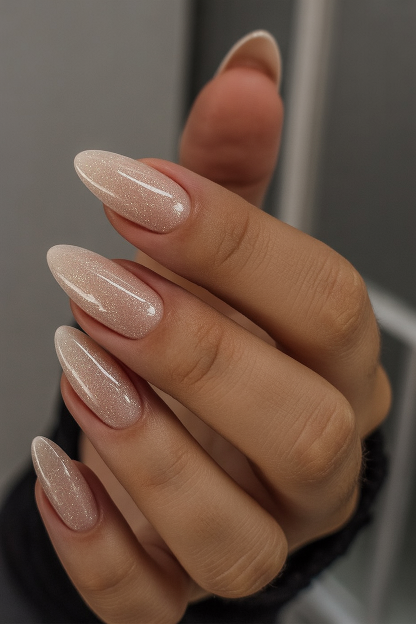 Almond nails in sand nude polish with fine shimmer