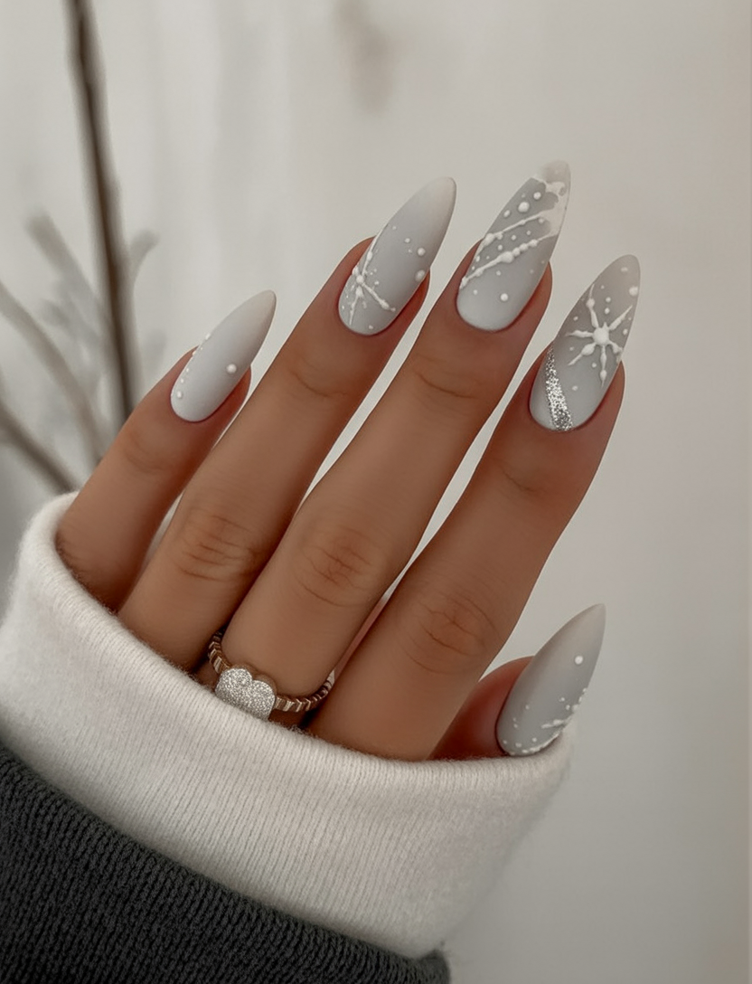 Matte almond nails fading from pale grey to snowy white with delicate snowflake art and fine glitter