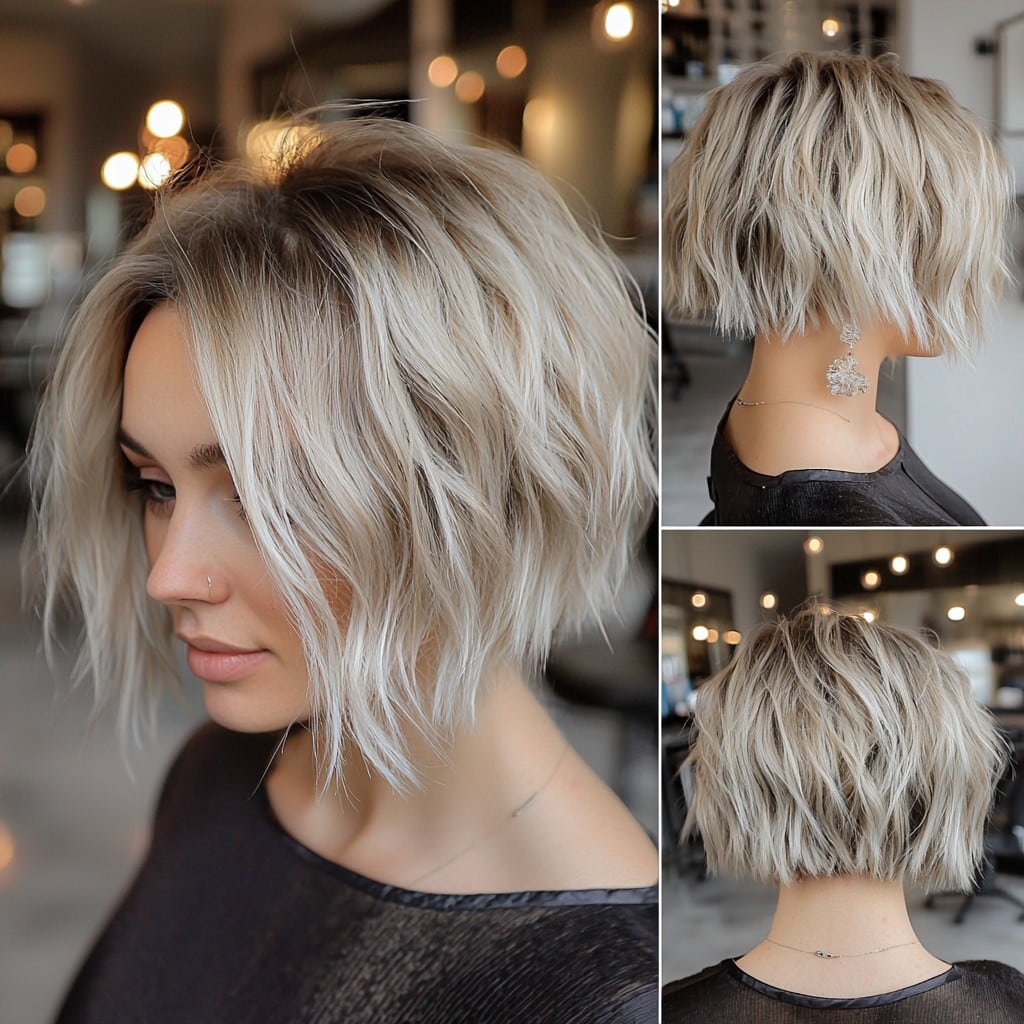 Tousled ash-blonde layered bob shown from front, back and side