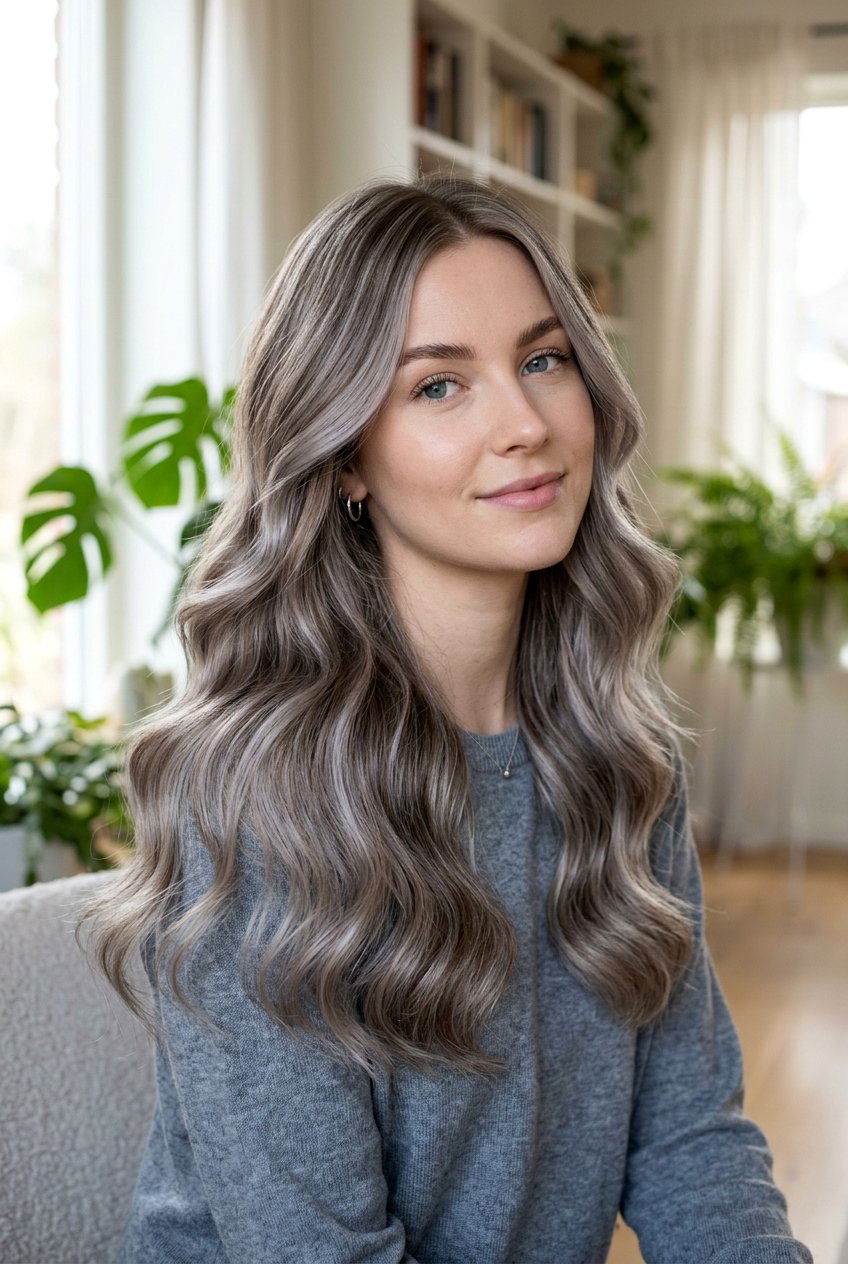 Ashy silver blonde on long wavy hair