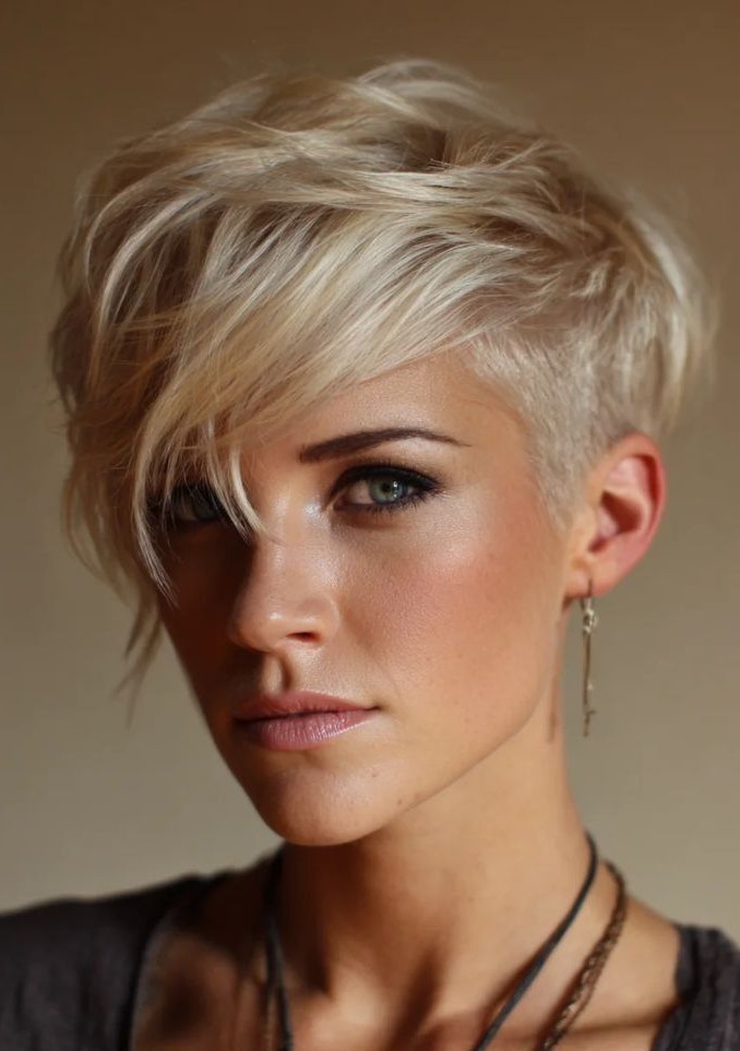 Asymmetrical pixie haircut with noticeably longer hair on one side
