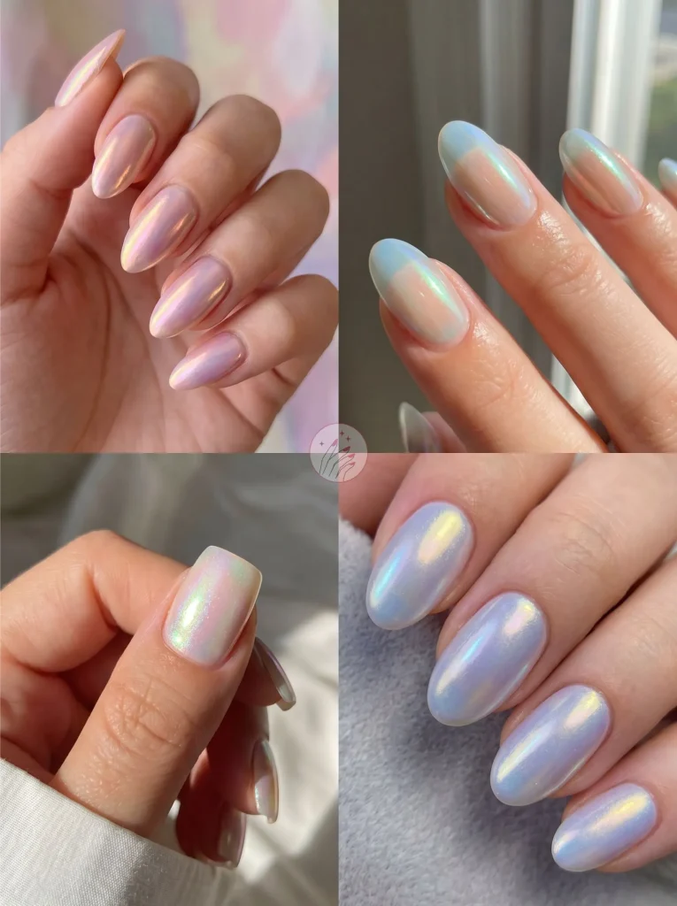 Nails with a soft iridescent aurora chrome rainbow glow